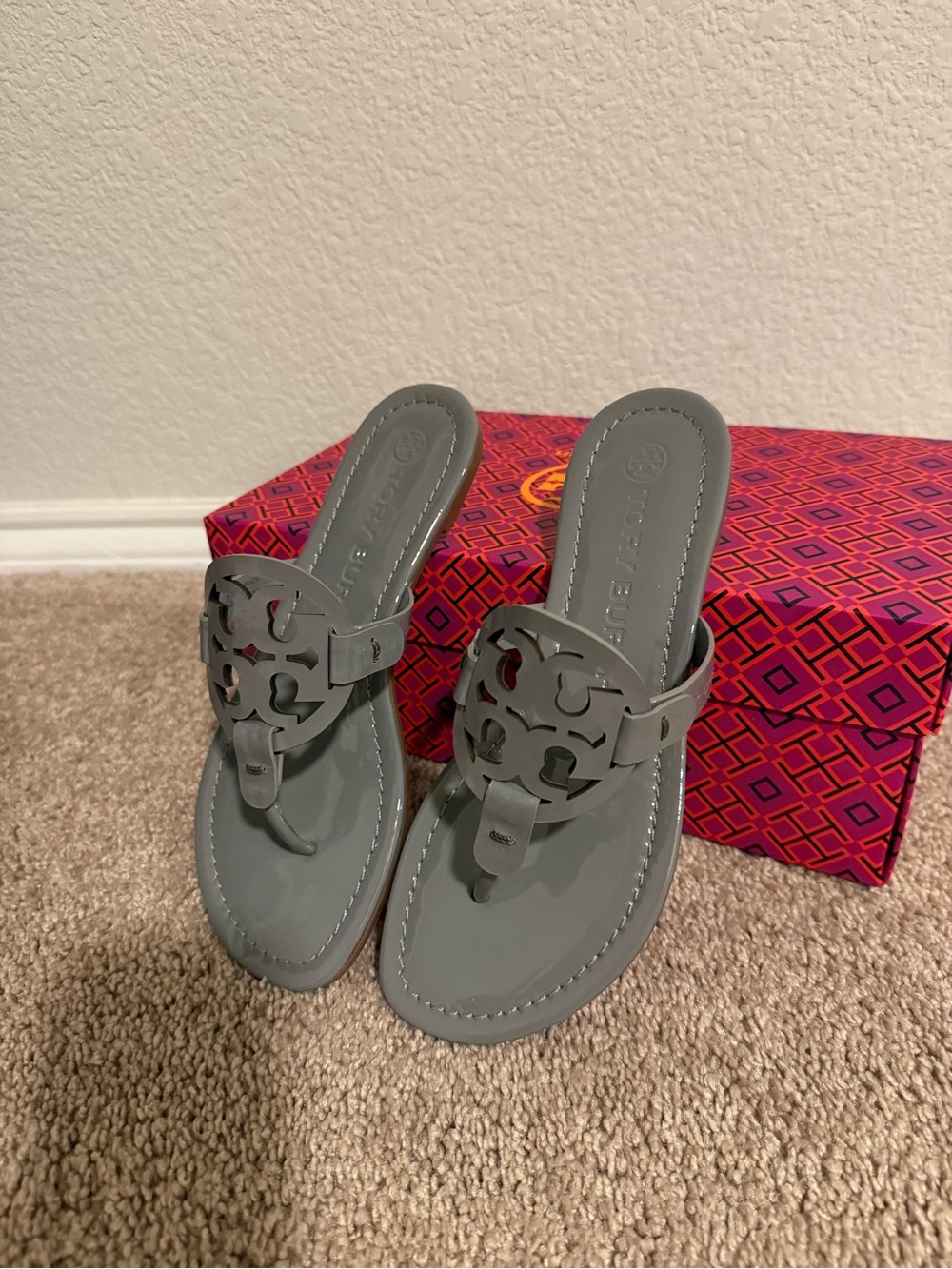 Tory Burch Grey Miller Logo Thong Sandals